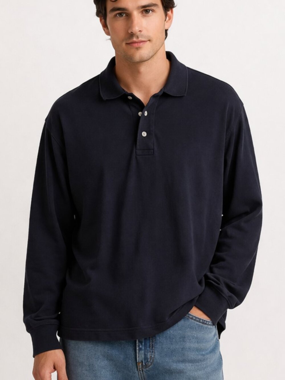 Lands’ End Long Sleeve Polo Shirt Navy Blue Cotton - Size L 42-44 Classic Fit
